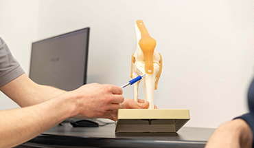 Hand zeigt mit Stift auf Kniegelenk